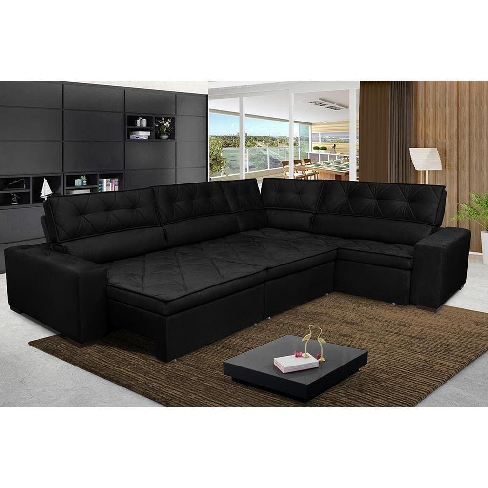 Sofá De Canto Retrátil, Reclinável, Molas Cama Inbox Austin 3,65x2,54 Ou 2,54x3,65 Suede Preto