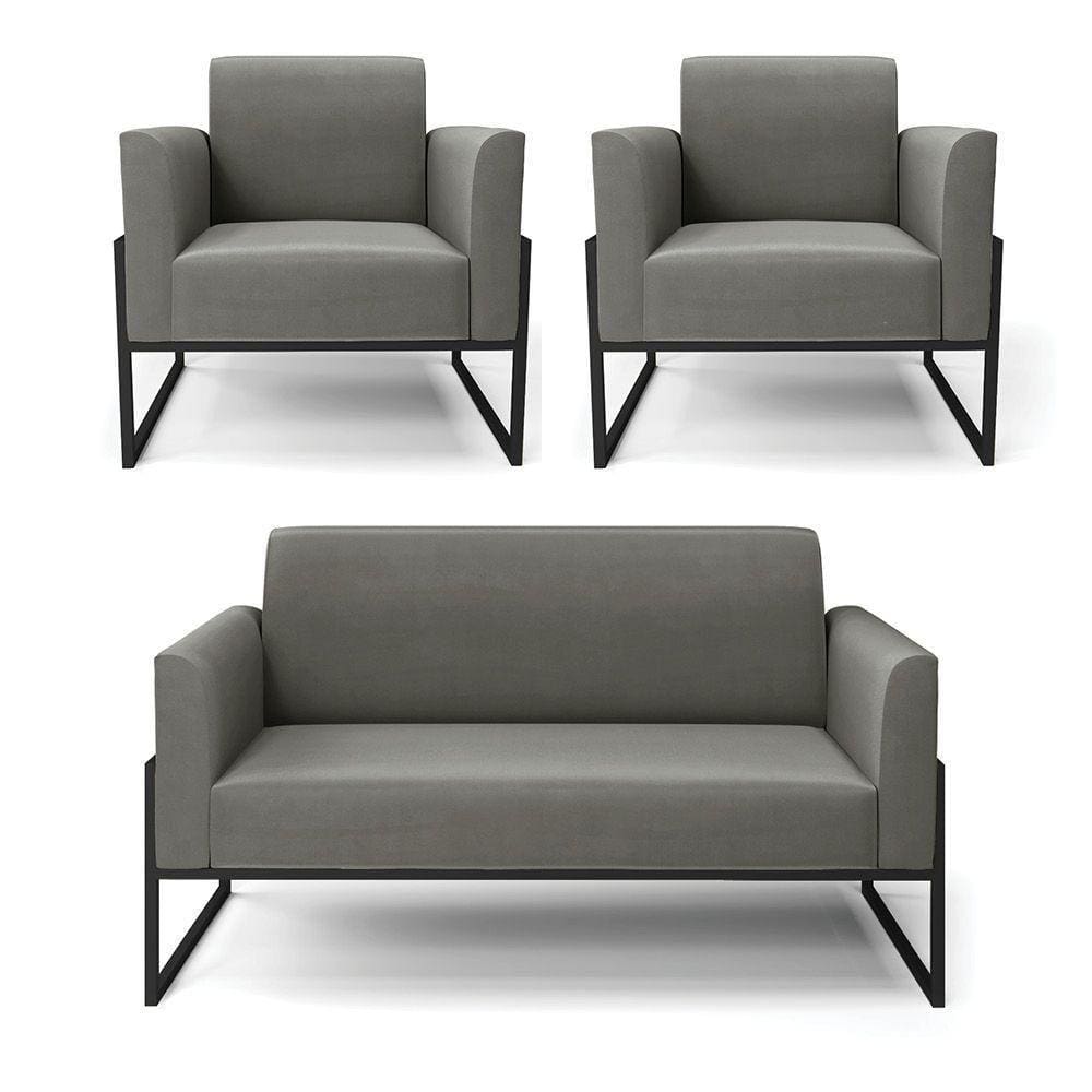 Sofá Namoradeira Com 2 Poltronas Base Industrial Alta Preto Marisa Suede D03 - D\`rossi Cor Grafite