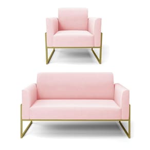 Sofá Namoradeira Com Poltrona Base Industrial Alta Dourado Marisa Suede D03 - D\`rossi Cor Rosa Bebê