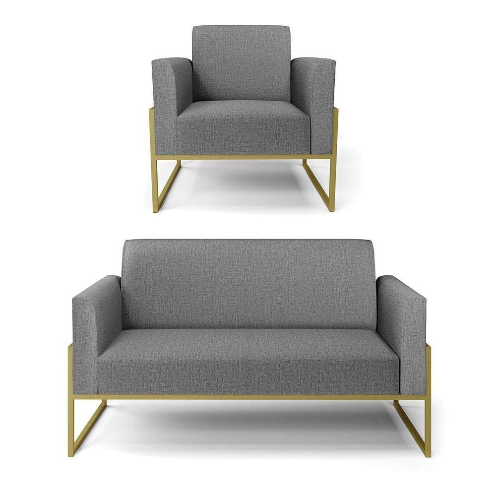 Sofá Namoradeira Com Poltrona Base Industrial Alta Dourado Marisa Linho Grafite A26 D03 - D\`rossi