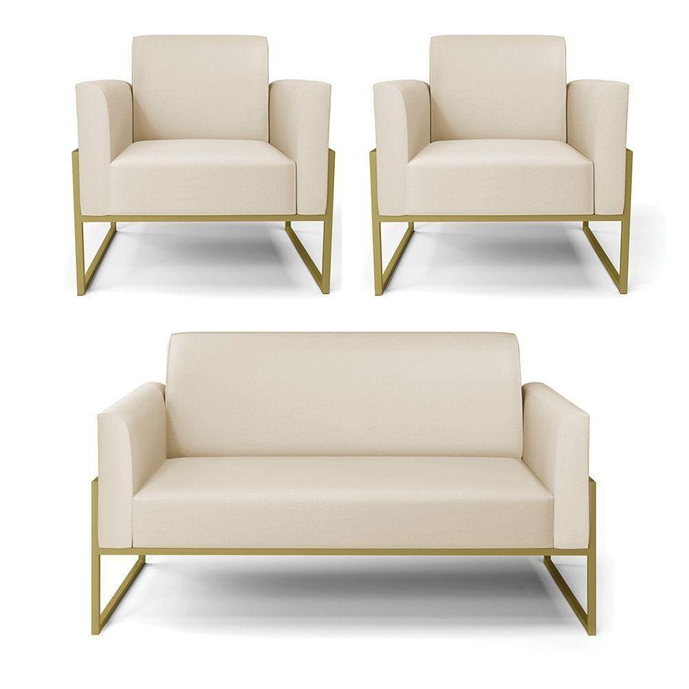 Sofá Namoradeira Com 2 Poltronas Base Industrial Alta Dourado Marisa Corino D03 - D\`rossi Cor Bege