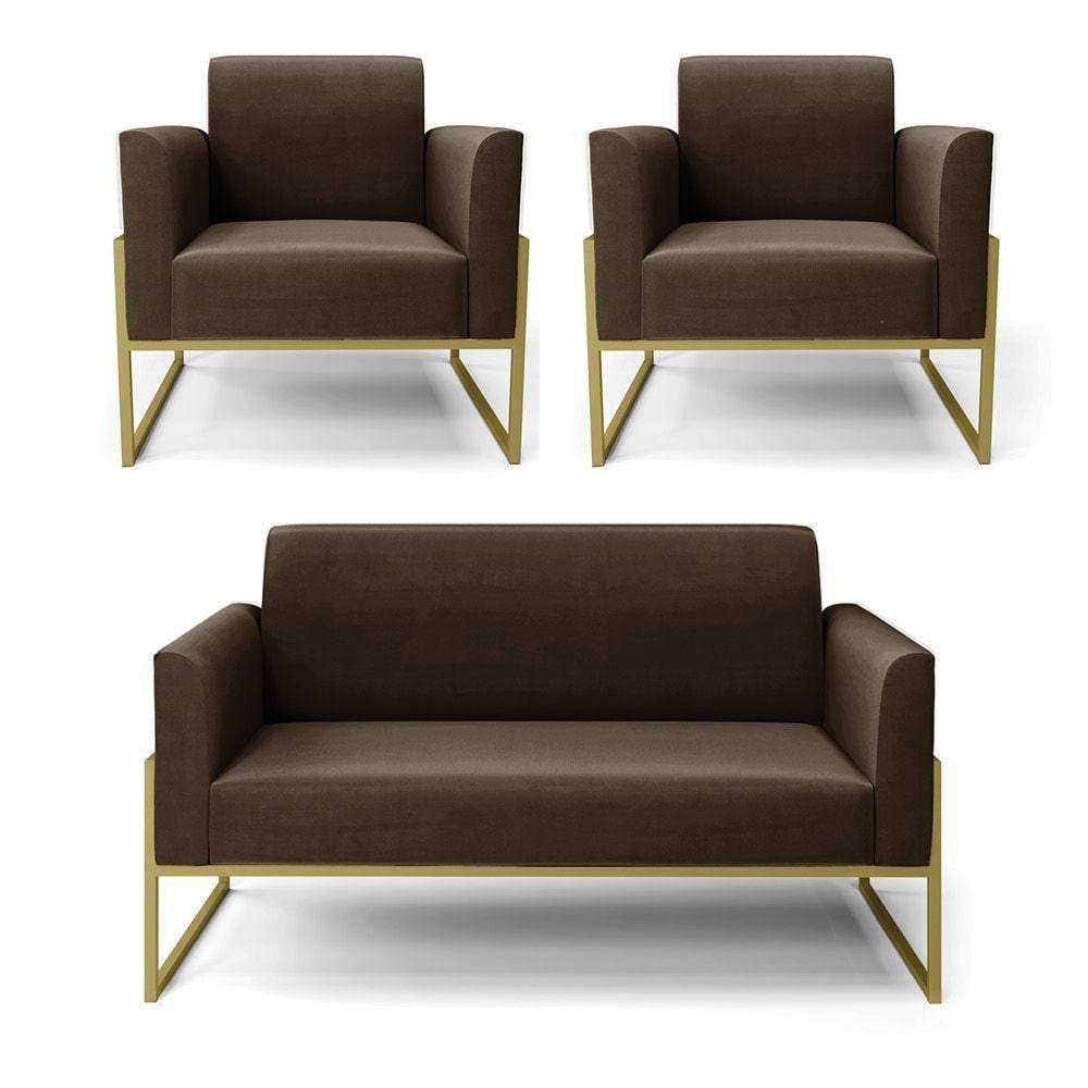 Sofá Namoradeira Com 2 Poltronas Base Industrial Alta Dourado Marisa Suede Marrom D03 - D\`rossi
