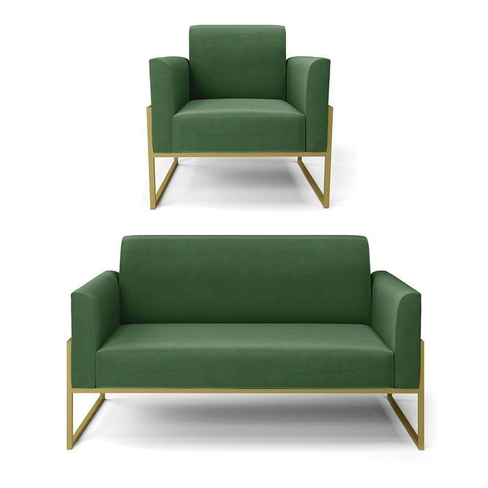 Sofá Namoradeira Com Poltrona Base Industrial Alta Dourado Marisa Suede Verde D03 - D\`rossi