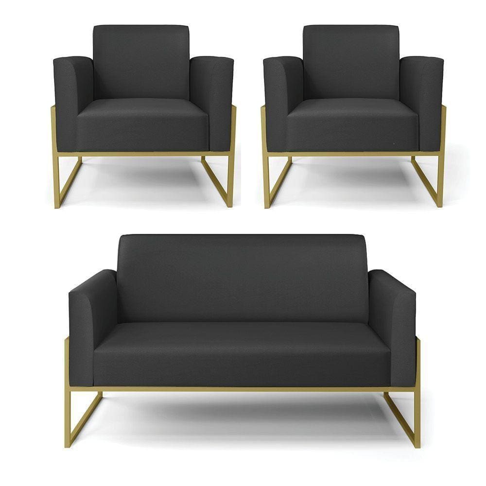 Sofá Namoradeira Com 2 Poltronas Base Industrial Alta Dourado Marisa Corino D03 - D\`rossi Cor Preto