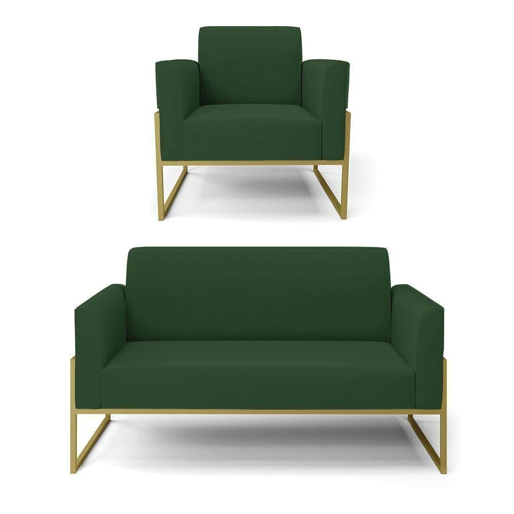 Sofá Namoradeira Com Poltrona Base Industrial Alta Dourado Marisa Veludo D03 - D\`rossi Cor Verde