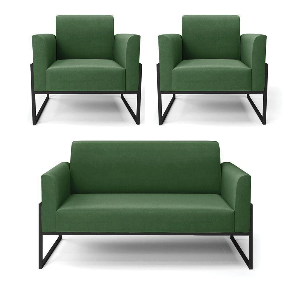 Sofá Namoradeira Com 2 Poltronas Base Industrial Alta Preto Marisa Suede D03 - D\`rossi Cor Verde