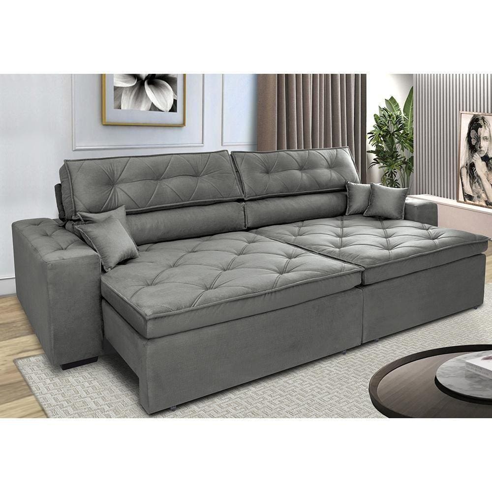 Sofá Retrátil E Reclinável 2,32m Com Molas Cama Inbox Estilo Suede Velusoft Cinza