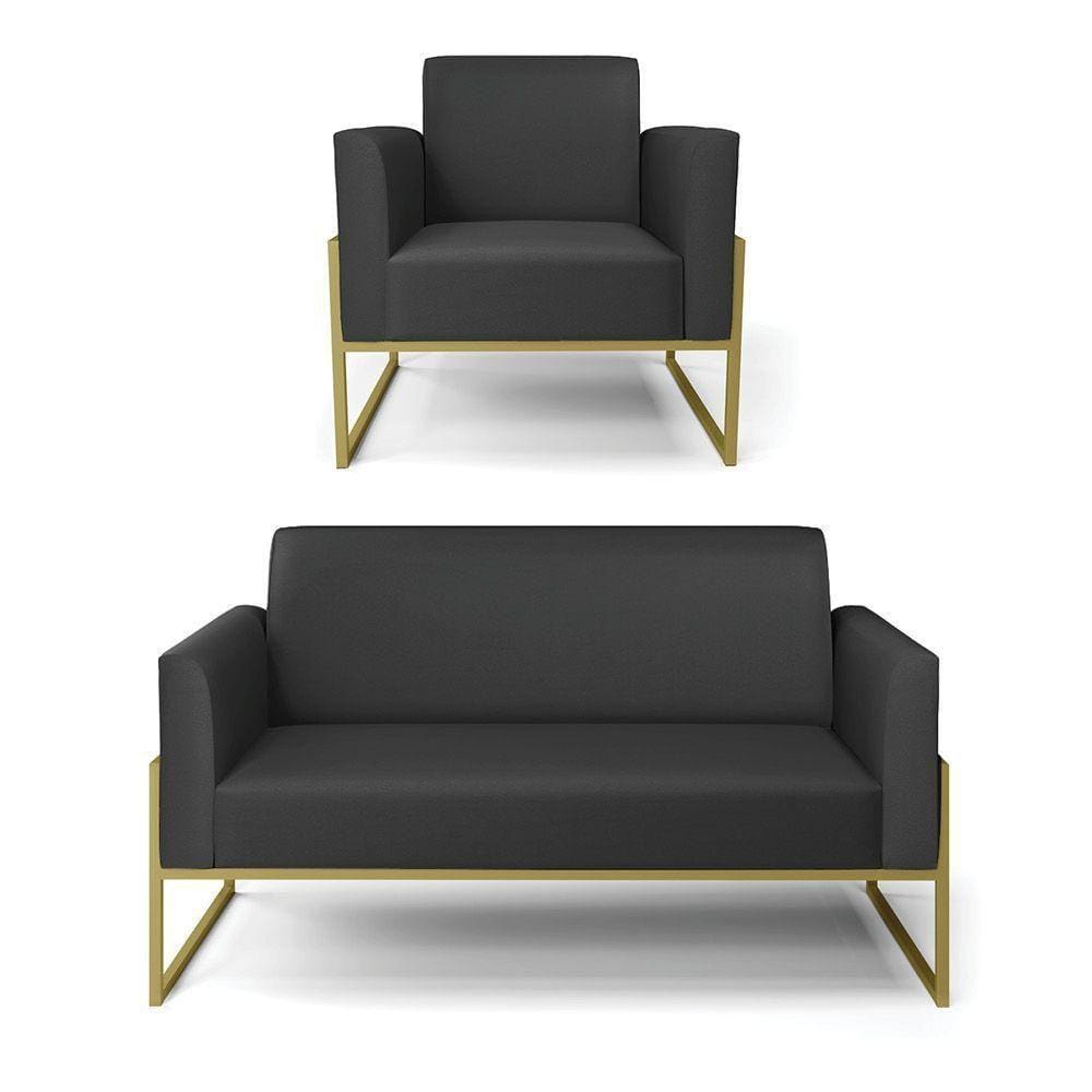 Sofá Namoradeira Com Poltrona Base Industrial Alta Dourado Marisa Corino D03 - D\`rossi Cor Preto