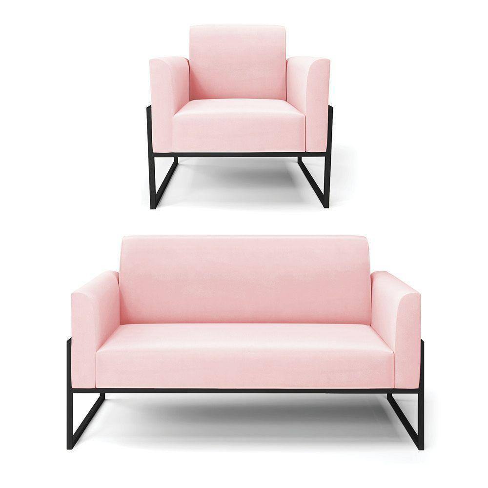 Sofá Namoradeira Com Poltrona Base Industrial Alta Preto Marisa Suede Rosa Bebê D03 - D\`rossi