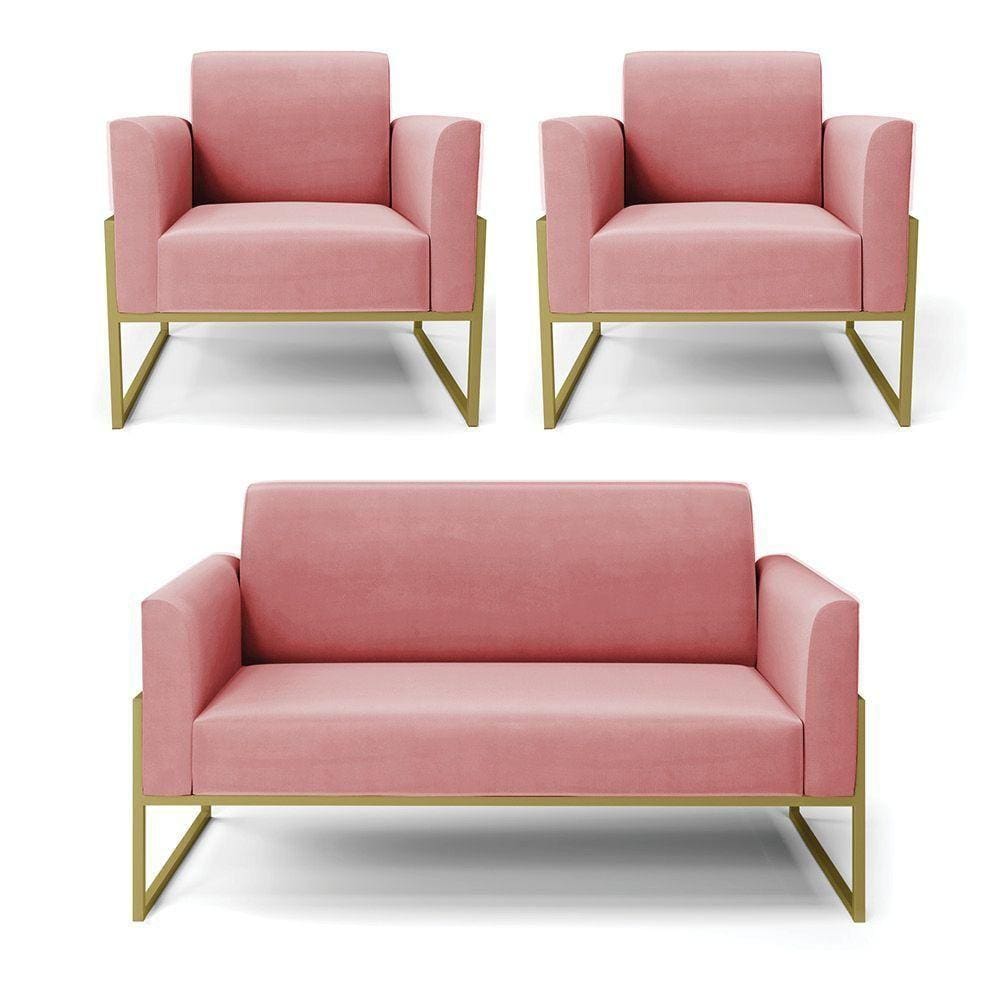 Sofá Namoradeira Com 2 Poltronas Base Industrial Alta Dourado Marisa Suede D03 - D\`rossi Cor Rose