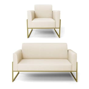 Sofá Namoradeira Com Poltrona Base Industrial Alta Dourado Marisa Linho D03 - D\`rossi Cor A19 Bege