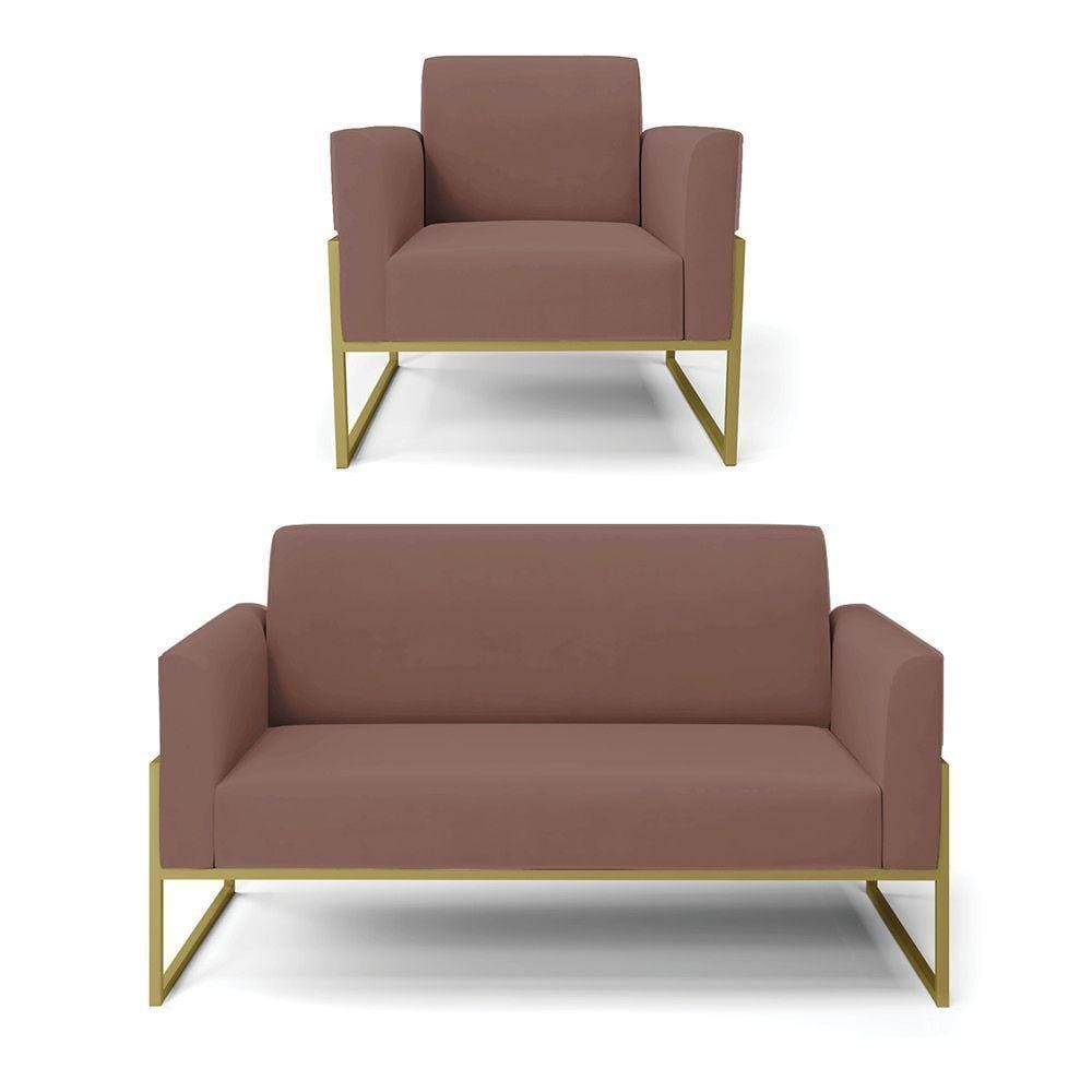 Sofá Namoradeira Com Poltrona Base Industrial Alta Dourado Marisa Veludo D03 - D\`rossi Cor Rose
