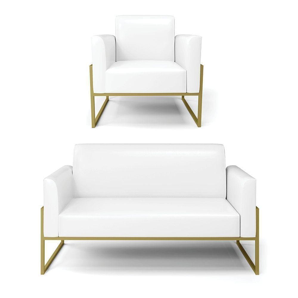 Sofá Namoradeira Com Poltrona Base Industrial Alta Dourado Marisa Corano Branco D03 - D\`rossi
