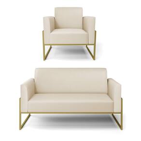 Sofá Namoradeira Com Poltrona Base Industrial Alta Dourado Marisa Corino Bege D03 - D\`rossi