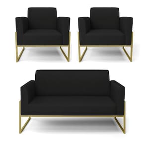 Sofá Namoradeira Com 2 Poltronas Base Industrial Alta Dourado Marisa Linho D03 - D\`rossi Cor A79 Preto