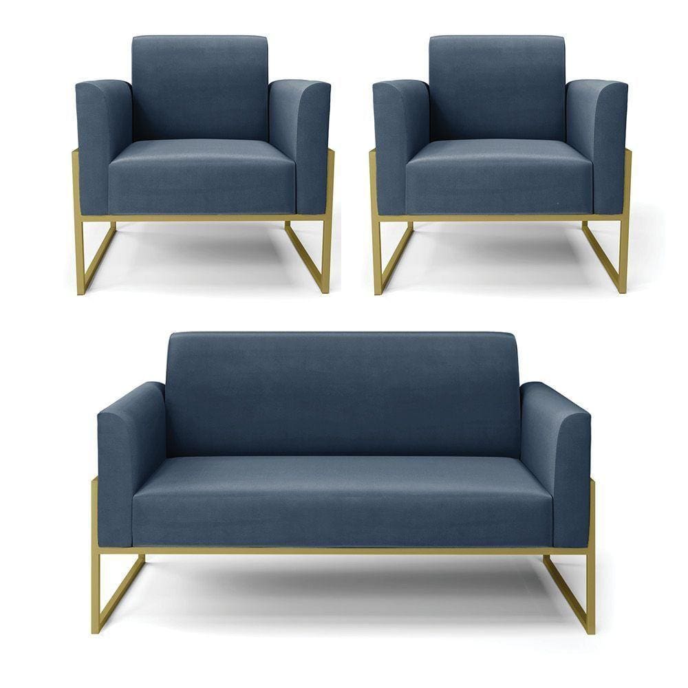 Sofá Namoradeira Com 2 Poltronas Base Industrial Alta Dourado Marisa Suede Azul Marinho D03 - D\`rossi