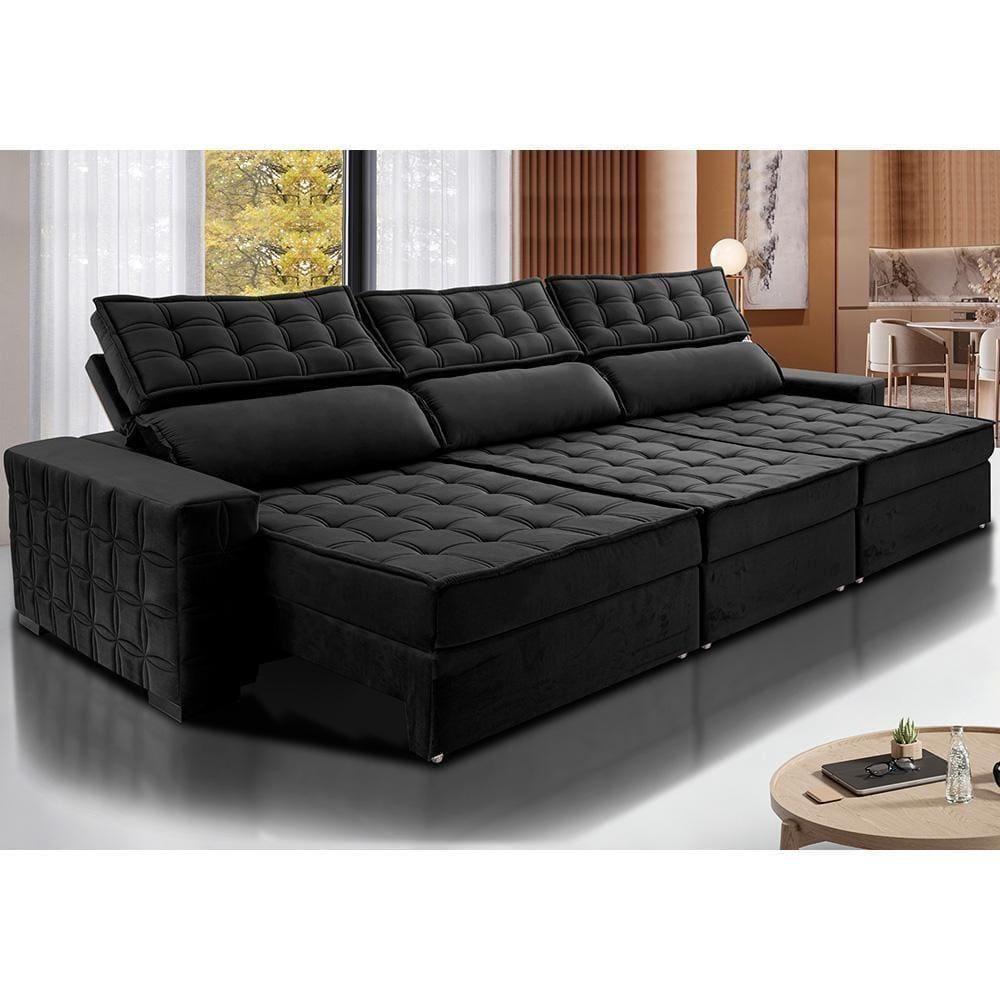 Sofá Retrátil E Reclinável 3,85M Cama Inbox Big Star Com Softgel D40 Velupluma Preto