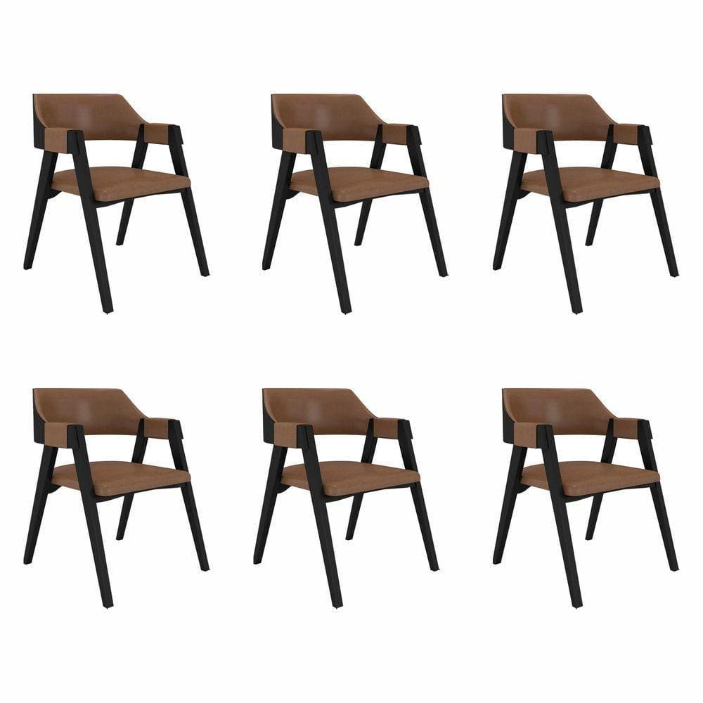 Kit 6 Cadeiras Sala De Jantar E Jogos Carteados Madeira Maciça Poker Pu Caramelo-preto