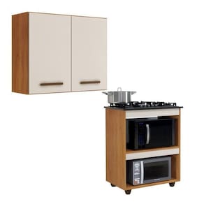 Conjunto Armário Aéreo de Cozinha 2 Portas e Balcão para Cooktop 4 Bocas 2 Nichos para Forno Marrom/Off White