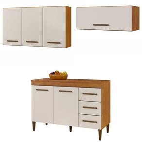 Conjunto Balcão com tampo 2 portas 3 gavetas e 2 Armários Aéreo Marrom/Off White