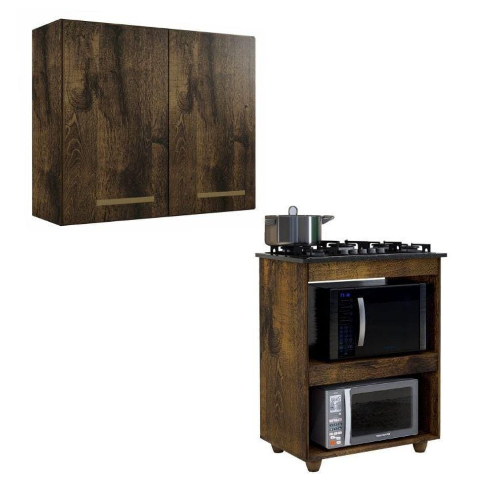 Conjunto Armário Aéreo 2 Portas e Balcão para Cooktop 4 Bocas 2 Nichos para Forno Ypê