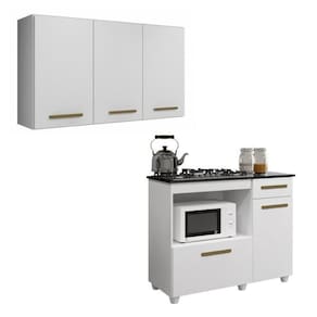 Conjunto Armário Aéreo 3 Portas e Balcão para Cooktop 5 bocas 2 Portas 1 Gaveta Branco
