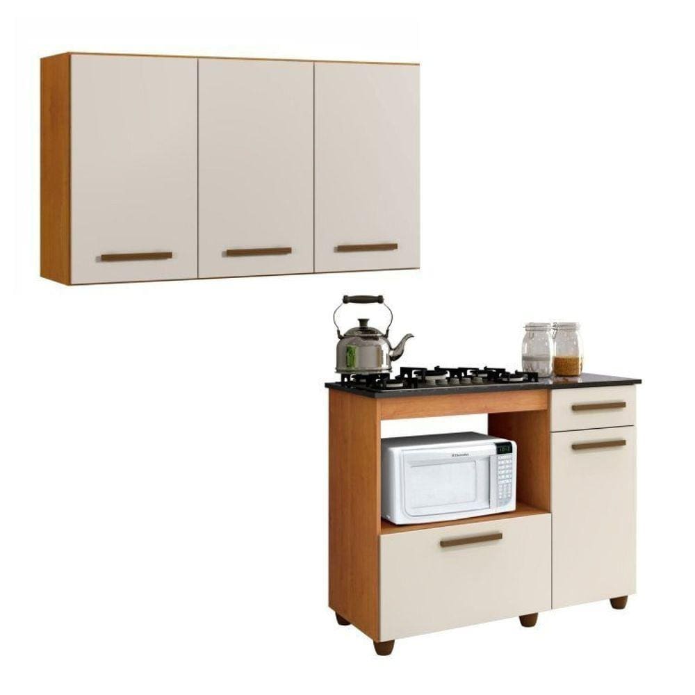 Conjunto Armário Aéreo 3 Portas e Balcão para Cooktop 4 bocas 2 Portas 1 Gaveta Marrom/Off White