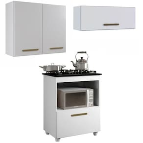 Conjunto Balcão para Cooktop 1 porta 1 nicho 5 bocas e 2 Armário Aéreo Branco