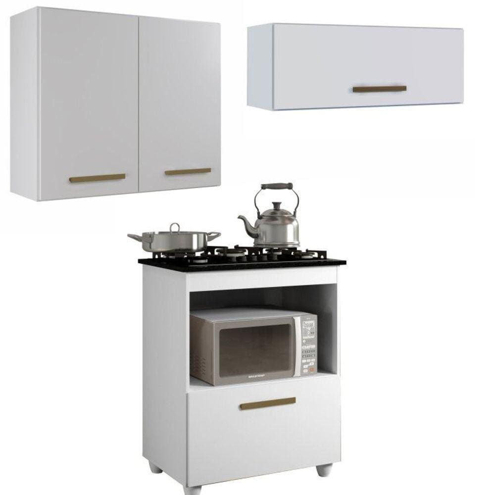 Conjunto Balcão para Cooktop 1 porta basculante e 2 Armários Aéreo Branco