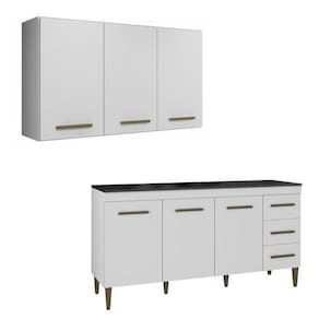 Conjunto Armário Aéreo 3 Portas e Balcão3 Portas e 3 Gavetas Branco