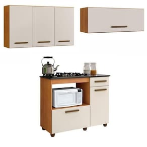 Conjunto Balcão para Cooktop 5 bocas 2 portas com nicho e 2 Armários Aéreo Marrom/Off White