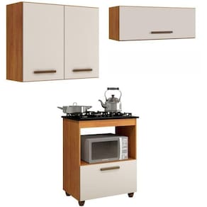 Conjunto Balcão para Cooktop 4 bocas e 2 Armários Aéreo Marrom/Off White
