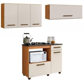 Conjunto Balcão Coktop 4 bocas com nicho para forno e 2 Armários Aéreo Marrom/Off White