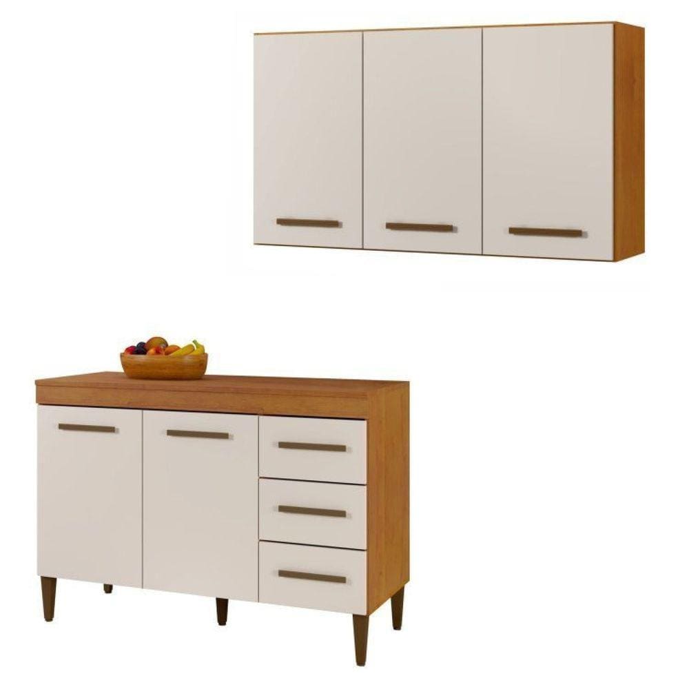 Conjunto Armário Aéreo 3 Portas e Balcão com Tampo 2 Portas 3 Gavetas Marrom/Off White