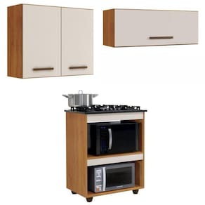 Conjunto Balcão para Cooktop 4 bocas 2 nichos e 2 Armários Aéreo Marrom/Off White