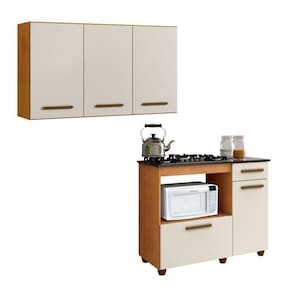 Conjunto Armário Aéreo 3 Portas e Balcão para Cooktop 5 bocas 2 Portas 1 Gaveta Marrom/Off White