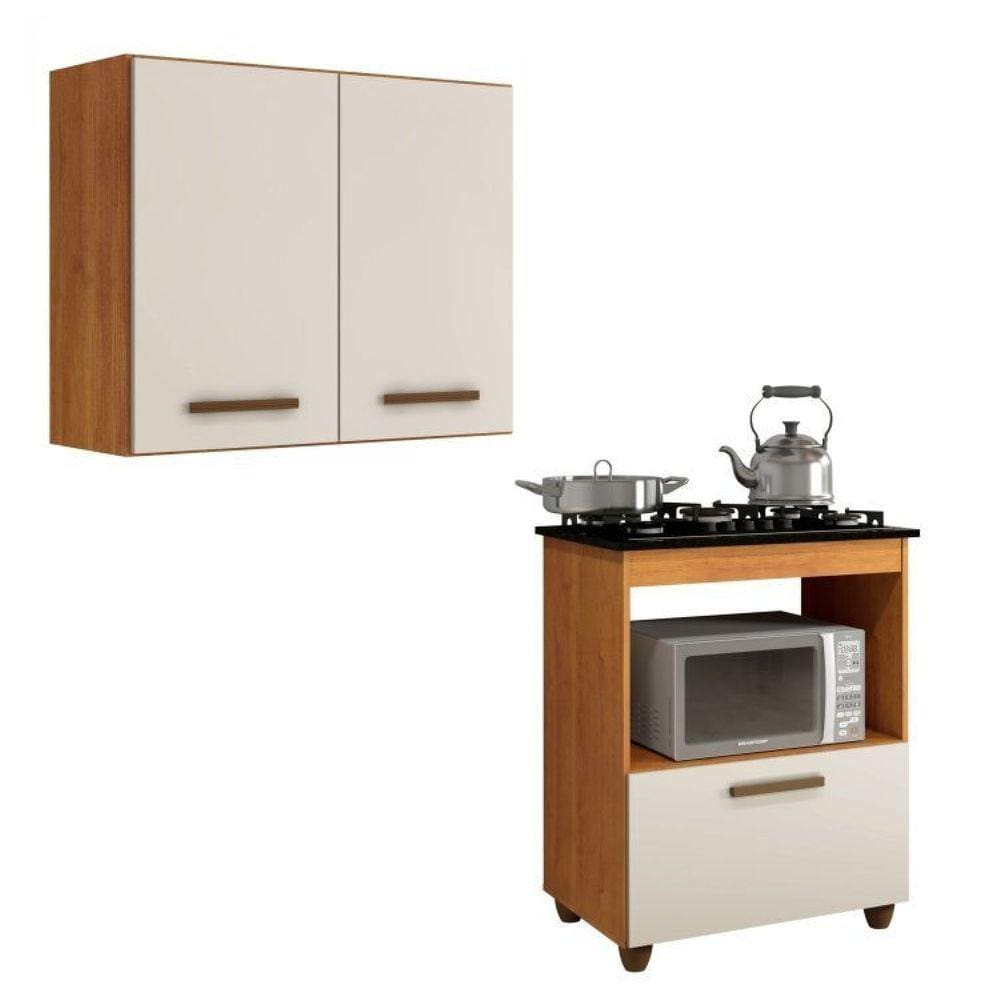 Conjunto Armário Aéreo 2 Portas e Balcão para Cooktop 4 bocas 1 Porta Basculante Marrom/Off White