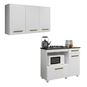 Conjunto Armário Aéreo 3 Portas e Balcão para Cooktop 5 bocas 2 Portas Branco