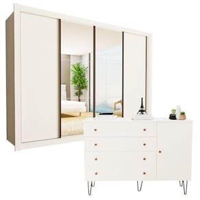 Conjunto Guarda-Roupa Casal com 6 Espelhos 4 Portas e Cômoda 1 Porta 4 Gavetas Branco