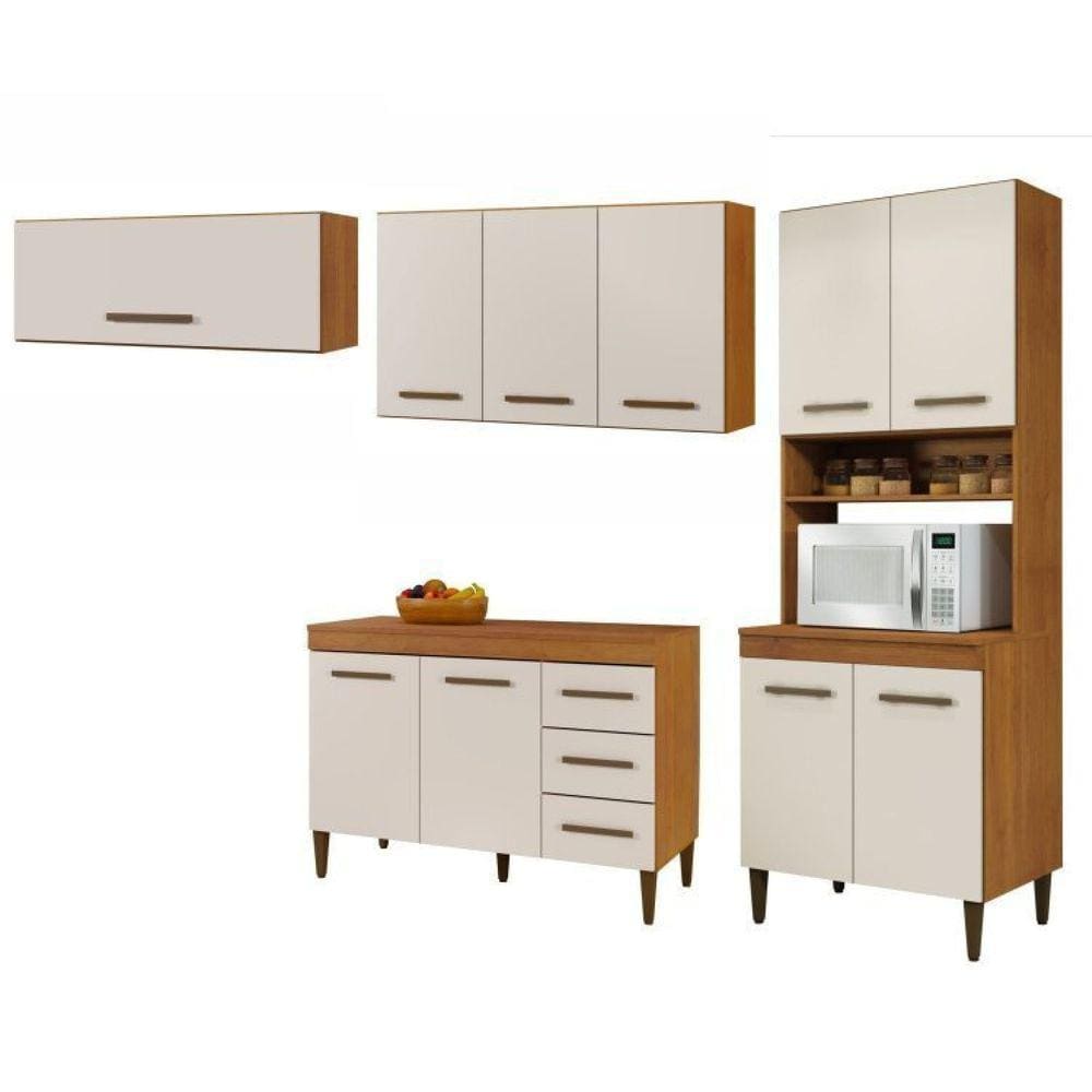 Conjunto Paneleiro 4 Portas Balcão com tampo Aéreo 2 Portas e 1 Aéreo basculante Marrom/Off White