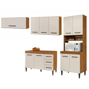 Conjunto Paneleiro 4 Portas Balcão com tampo Aéreo 2 Portas e 1 Aéreo basculante Marrom/Off White