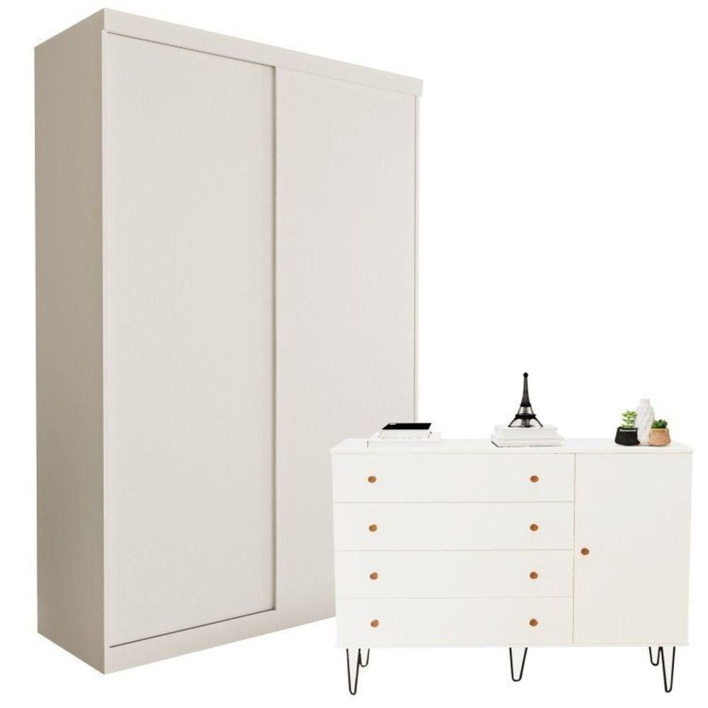 Conjunto Guarda-Roupa Solteiro 2 Porta de Correr e Cômoda 1 Porta 4 Gavetas Branco
