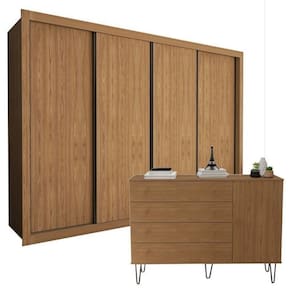Conjunto Guarda Roupa Casal 4 Portas e Cômoda 1 Porta 4 Gavetas Carvalho