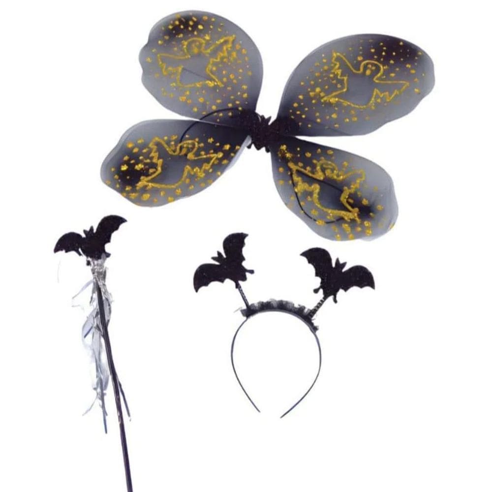 Kit Tiara Asinhas E Varinha Preto E Dourado