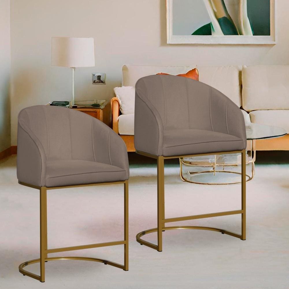 Kit 2 Poltronas Banqueta Decorativa Base Metal Mia Suede Cappuccino - LM DECOR