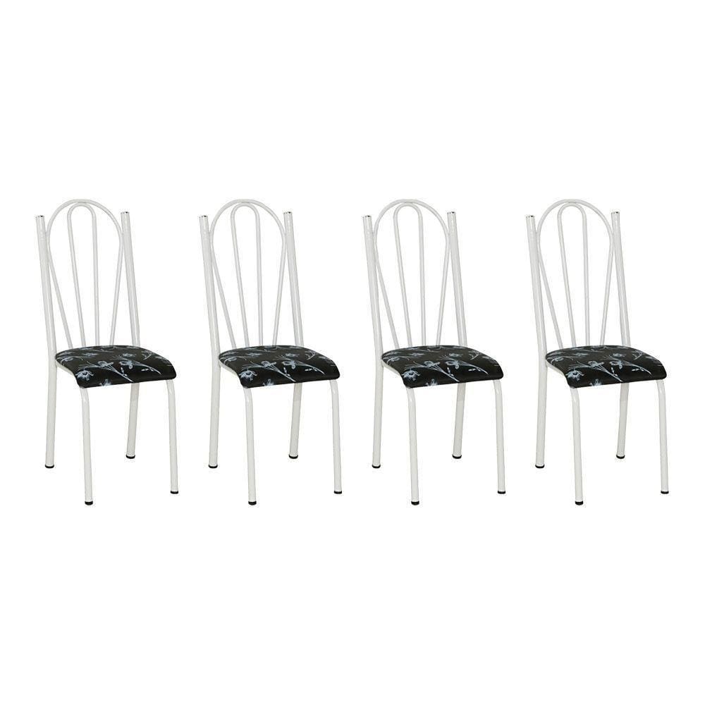 Kit 4 Cadeiras De Cozinha Alasca Estampado Preto Florido Pés De Ferro Branco - Pallazio