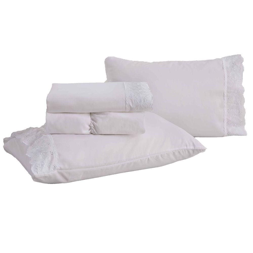 Jogo de Cama King Bordado Inglês Rozac Golden Branco (2 Lençois e 2 Fronha)