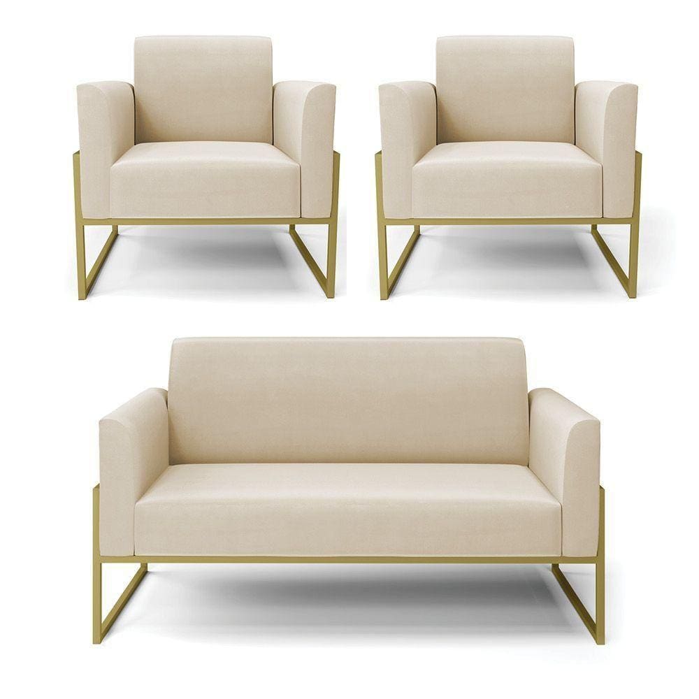 Sofá Namoradeira Com 2 Poltronas Base Industrial Alta Dourado Marisa Suede D03 - D\`rossi Cor Bege