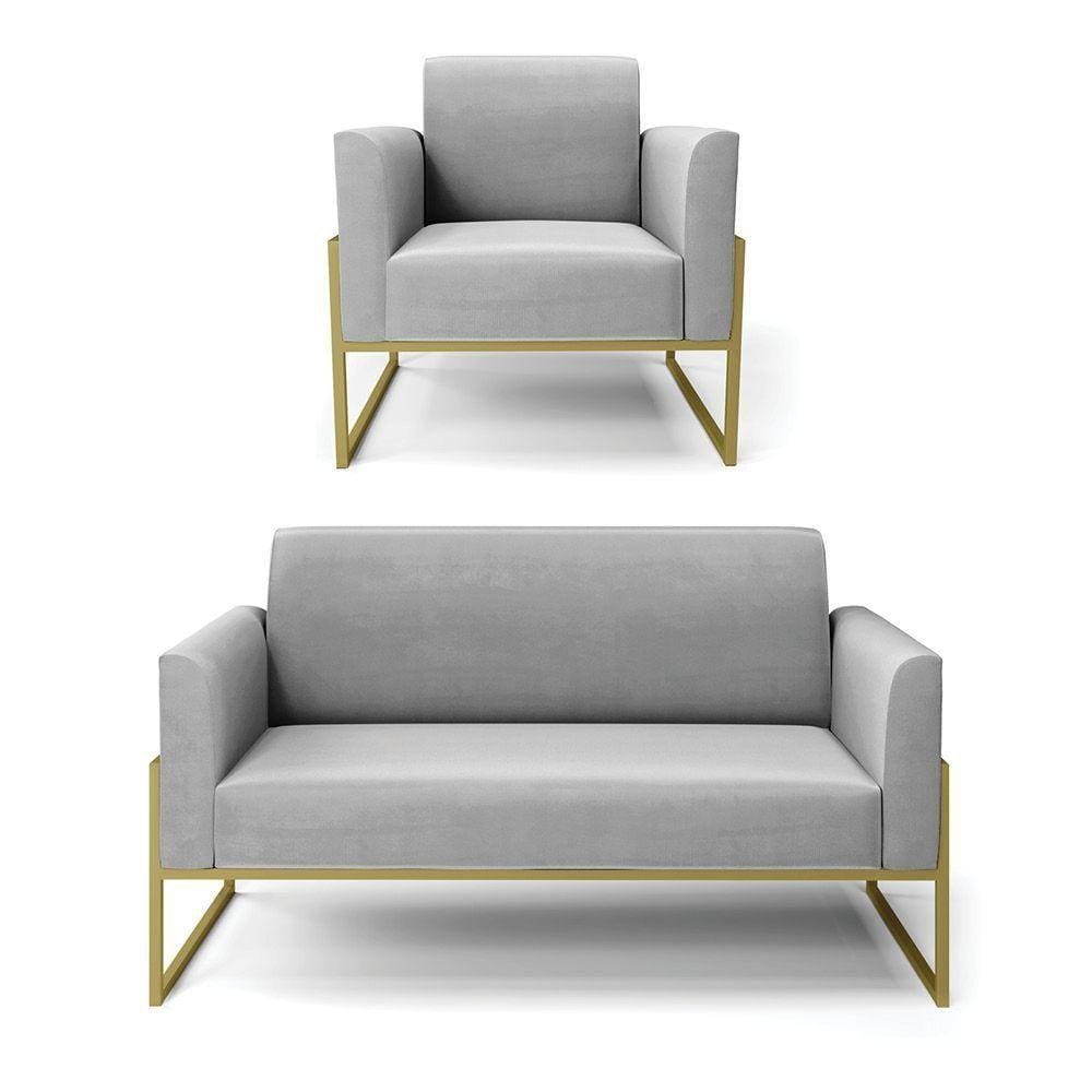 Sofá Namoradeira Com Poltrona Base Industrial Alta Dourado Marisa Suede Cinza D03 - D\`rossi