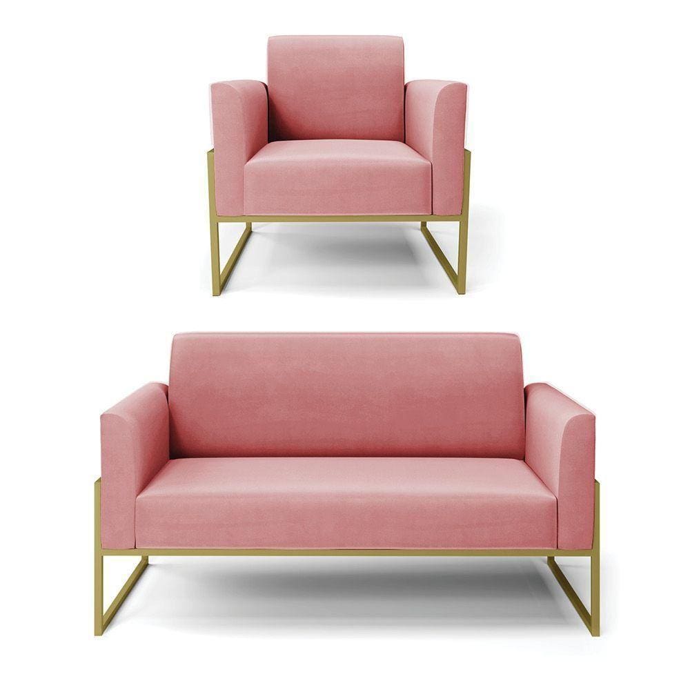 Sofá Namoradeira Com Poltrona Base Industrial Alta Dourado Marisa Suede Rosê D03 - D\`rossi